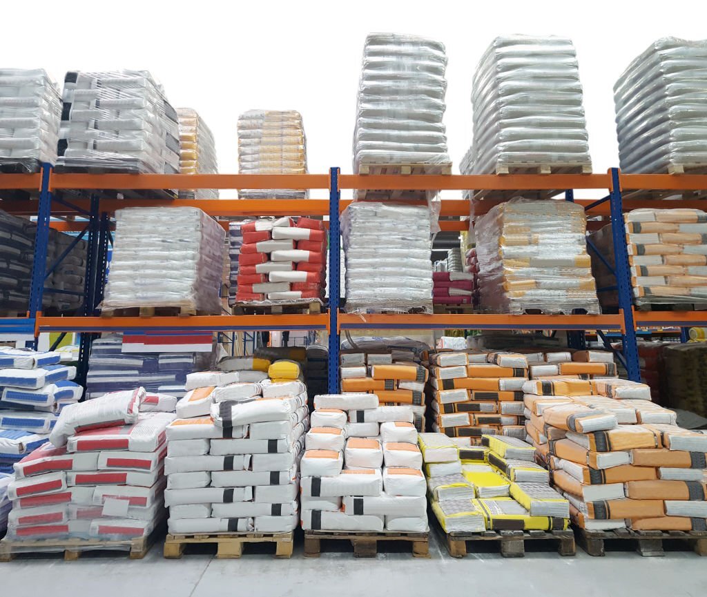 construction warehouse with cement bags for industry use